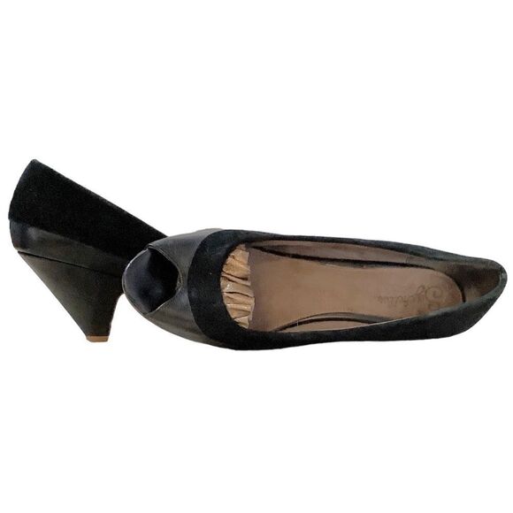 Seychelles Black and Suede Leather Peep-Toe 3.25” Heels 9 - Picture 2 of 9